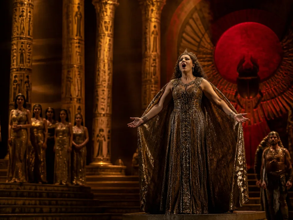 Dramatisk operascen med egyptiskt inspirerad scenografi i guld och djupröd belysning