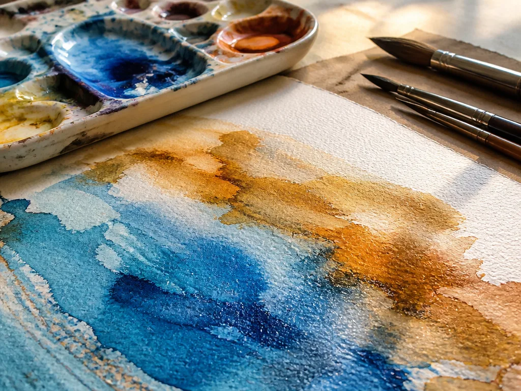 Närbild av akvarellmålning i process — blöta pigment sprider sig på texturerat papper i blå och ockra toner