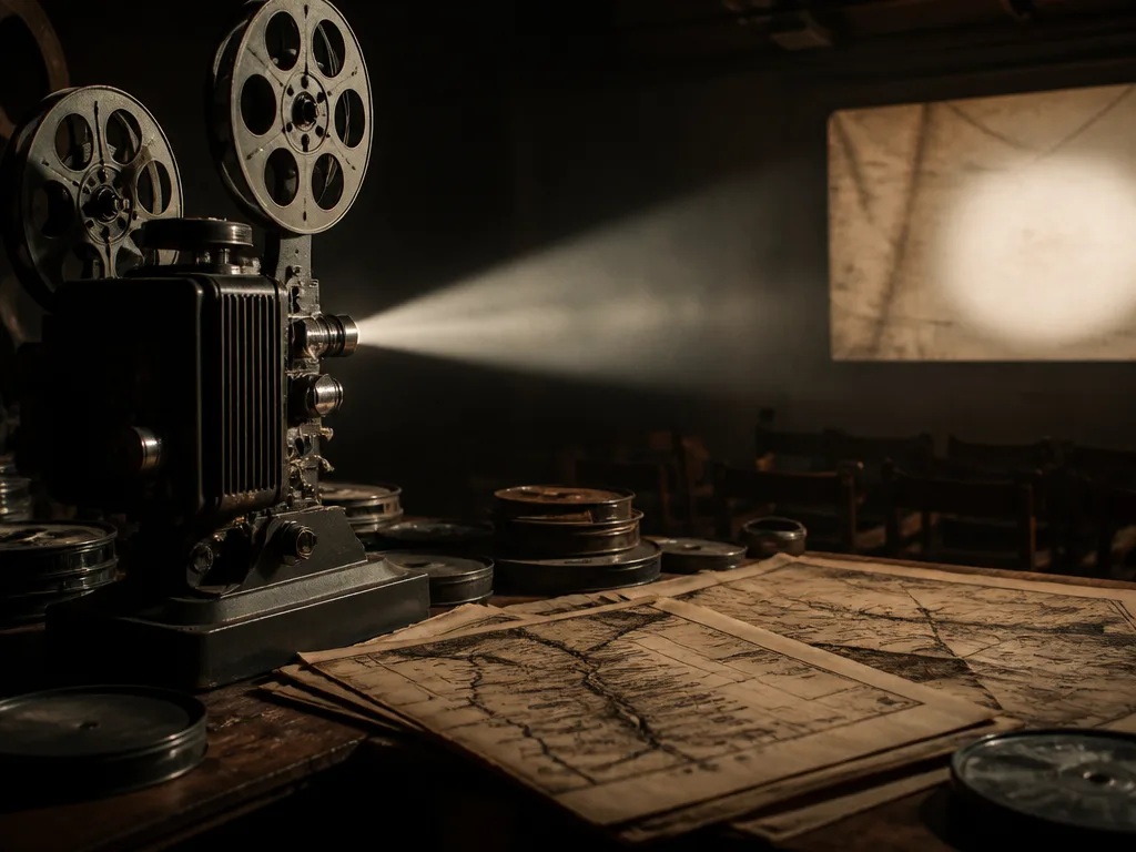 Vintage filmprojektor lyser upp ett mörkt biobiosalongsrum med dramatiska ljusstrålar och gamla filmrullar