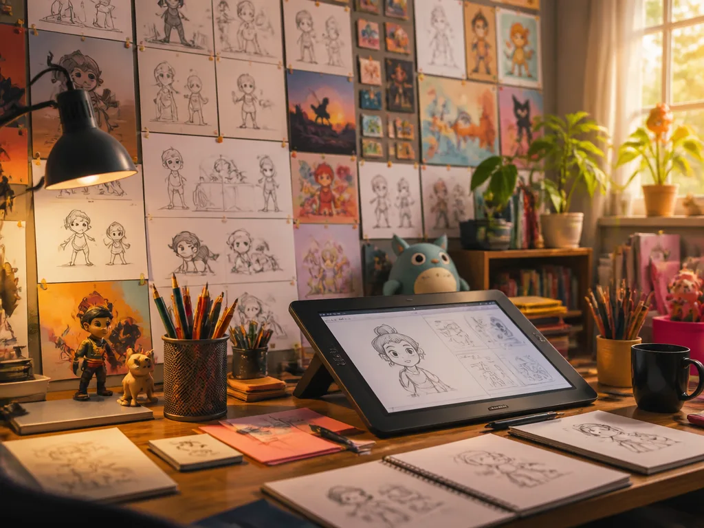 Animationsstudio med storyboard-skisser och ritplatta
