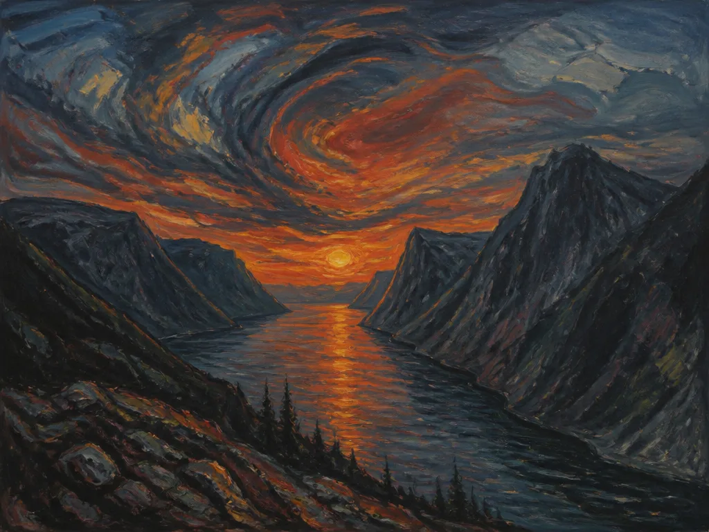 Expressionistiskt fjordlandskap i skymning med dramatisk himmel