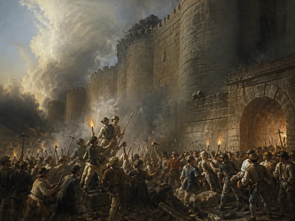 Folkmassan stormar Bastiljen i Paris den 14 juli 1789 — franska revolutionens symboliska startpunkt