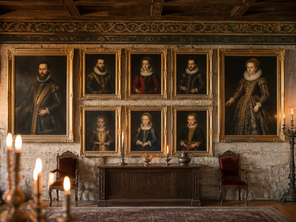 Praktfull porträttgalleri med gyllene ramar i en nordisk slottssal, ljus från levande ljus