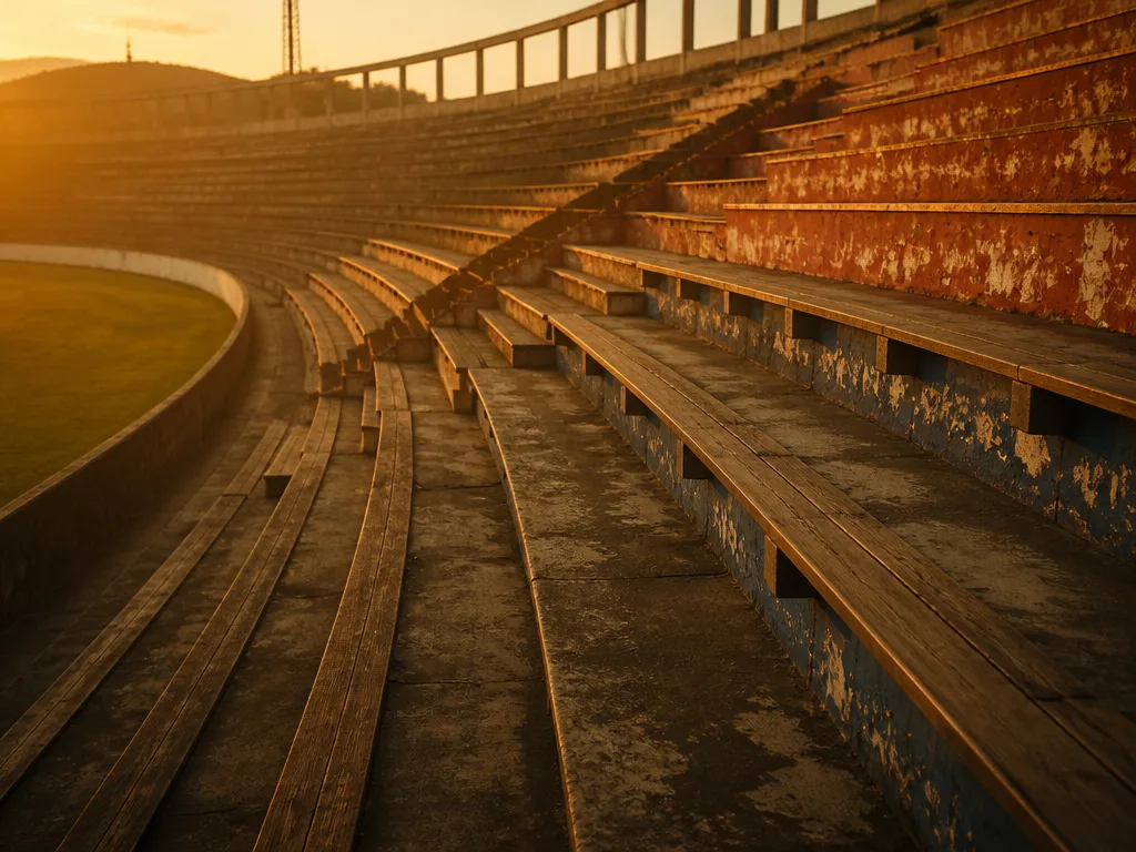 Tomt fotbollsstadion i varmt kvällsljus från 1970-talet