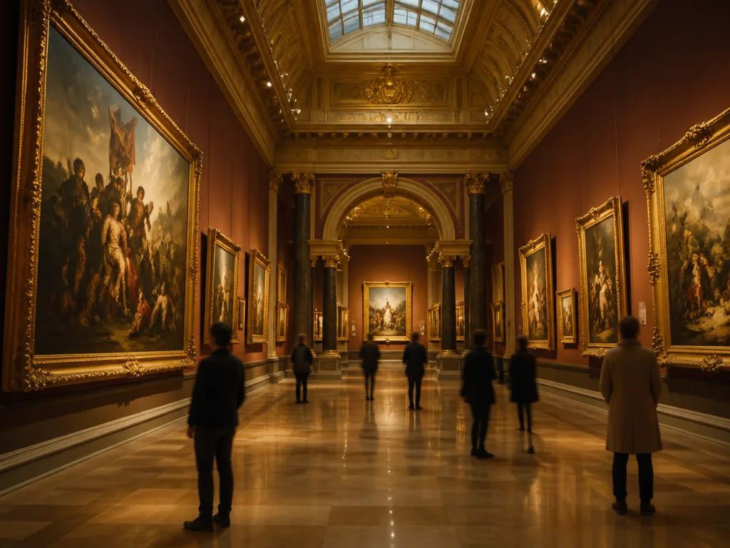 Konstmuseigalleri med förgyllda ramar och besökare i silhuett