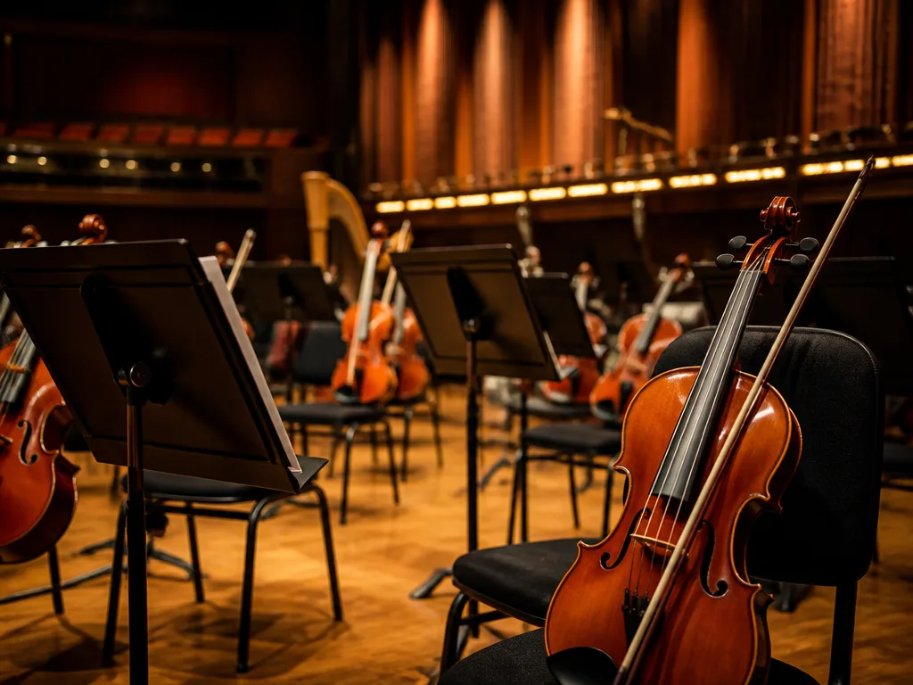 Symfoniorkester i konserthus med violiner och notställ