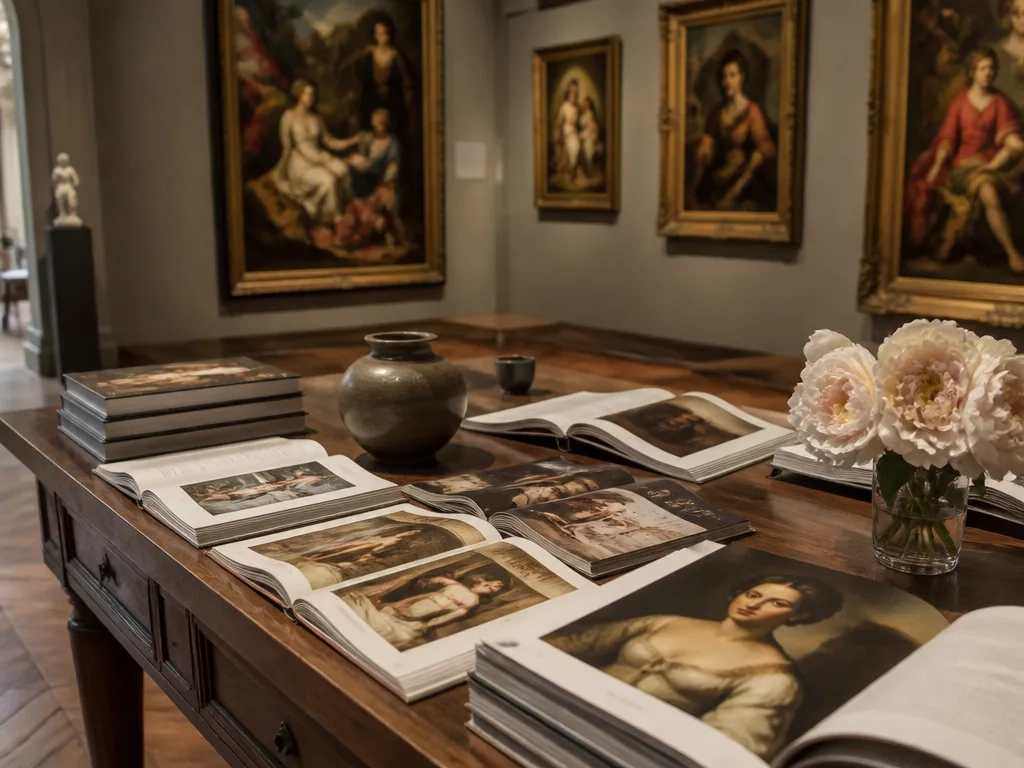 Konsthistoriska böcker och klassiska målningar upplagda på ett museiträ-bord i mjukt naturligt ljus