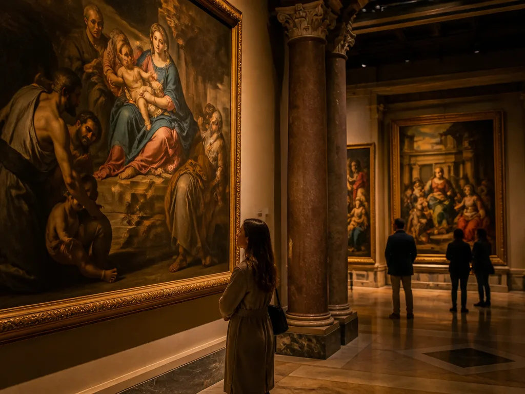 Konstmuseum med renässansmålningar på väggarna i varmt gyllene ljus