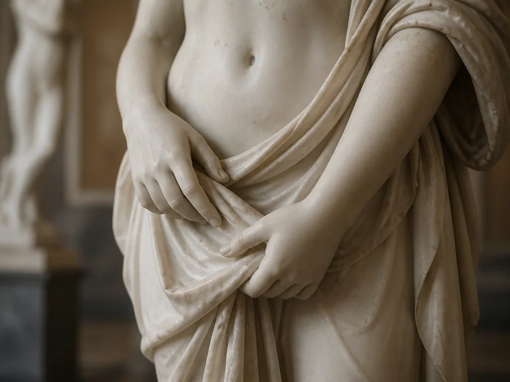 Klassisk marmorskulptur i museibelysning — detalj av händer och torso i varmt stenlila ljus