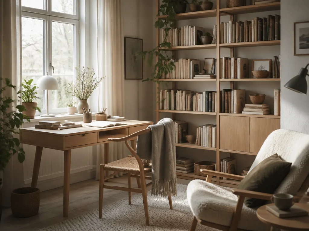 Mysigt skandinaviskt arbetsrum med bokhyllor och skrivbord vid fönster