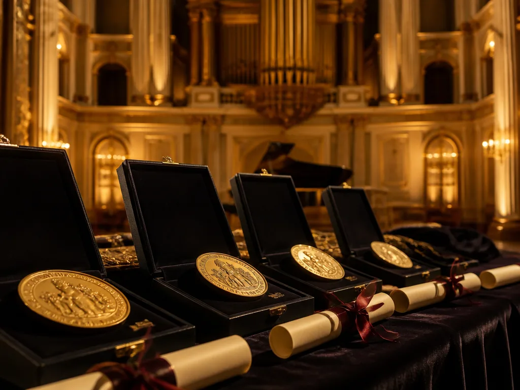Guldmedaljer och diplomer på sammetsduk i ett storslagen klassiskt konserthus med varm ceremoniell belysning