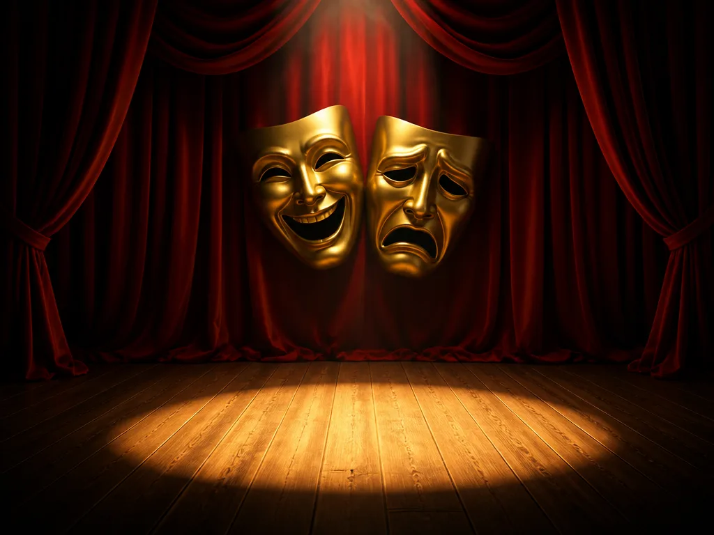 Dramatiska teatermasker och strålkastare mot tom scen