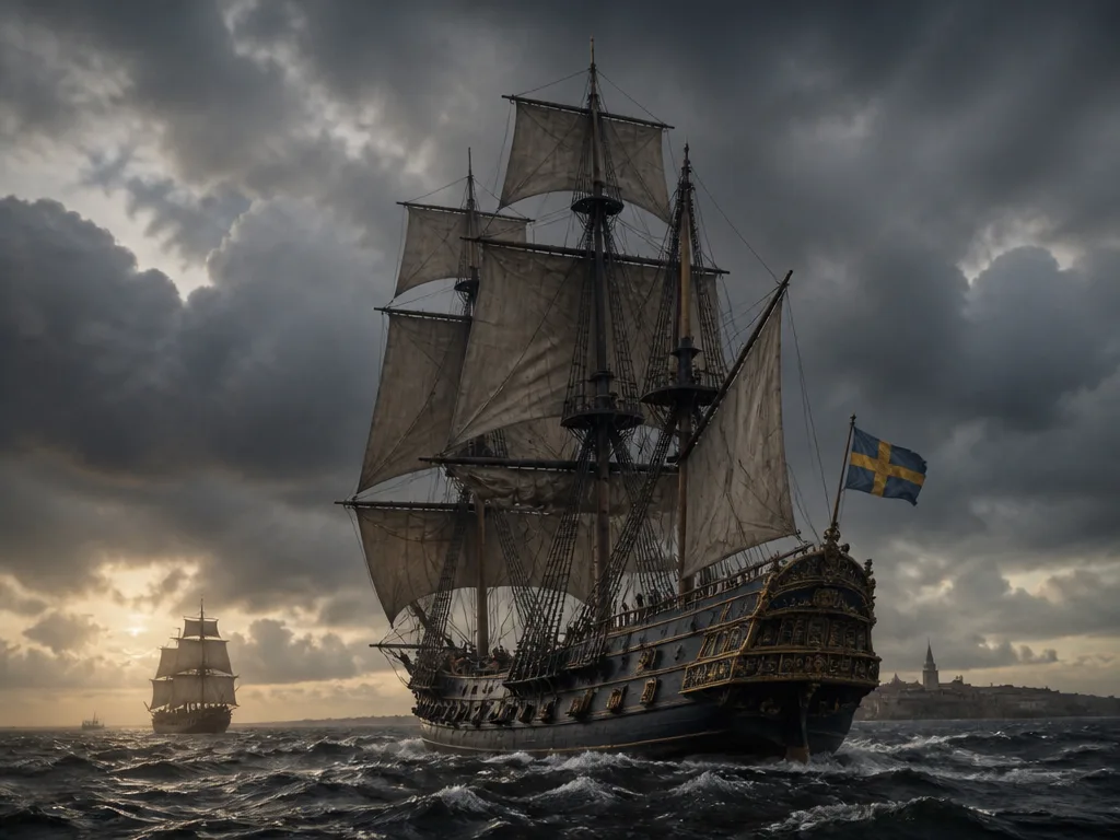 1600-talsmarin med ett stort segelfartyg under dramatisk himmel
