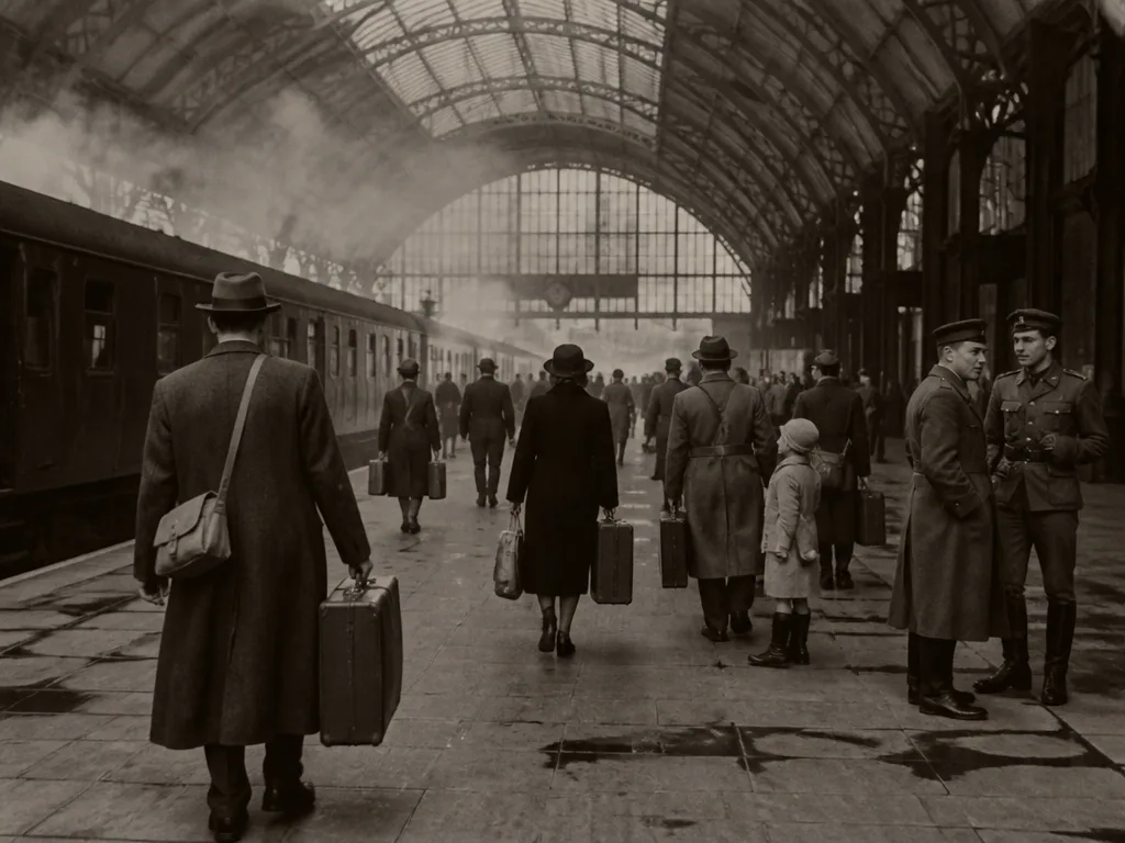 Vintage järnvägsstation i Sverige under 1940-talets krigsatmosfär med resande i tidens kläder och dämpad sepiafärg